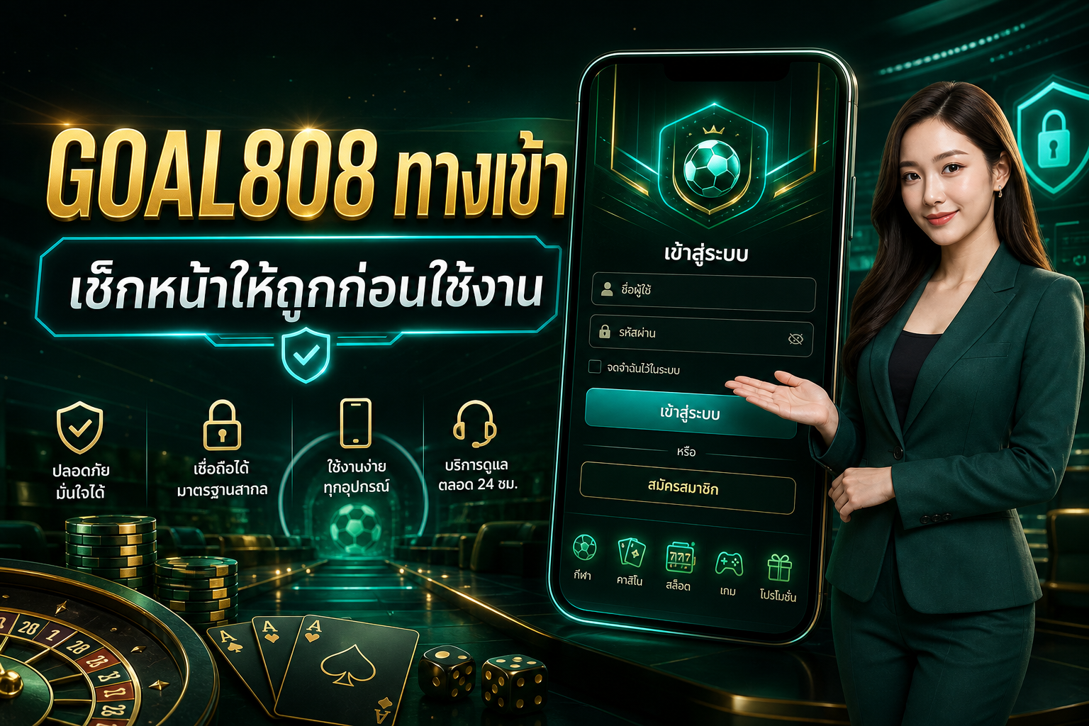 ภาพบทความ GOAL808 ทางเข้า ตรวจป้ายสนามและโลโก้ก่อนเข้าสู่ระบบ แบรนด์ GOAL808 โทนดำเขียวนีออนไซแอนทอง